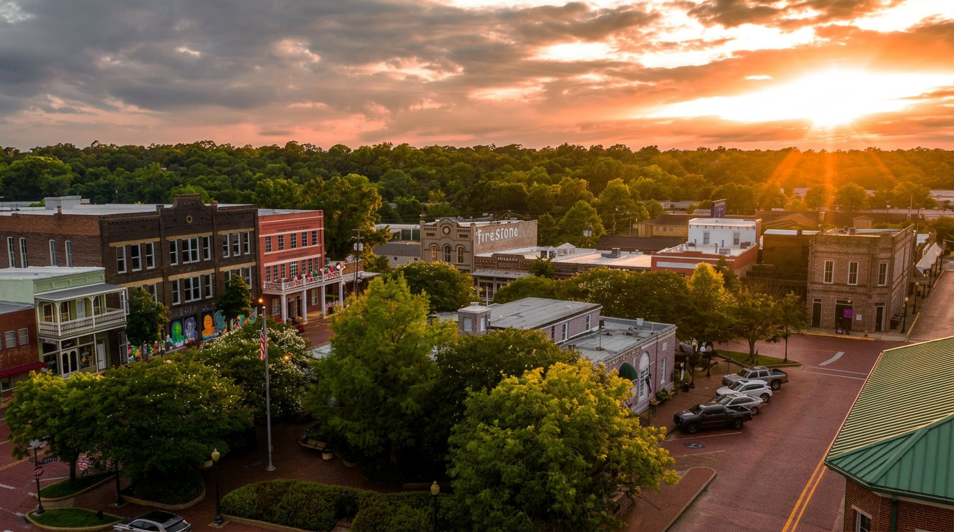 Historic downtown Nacogdoches at golden hour